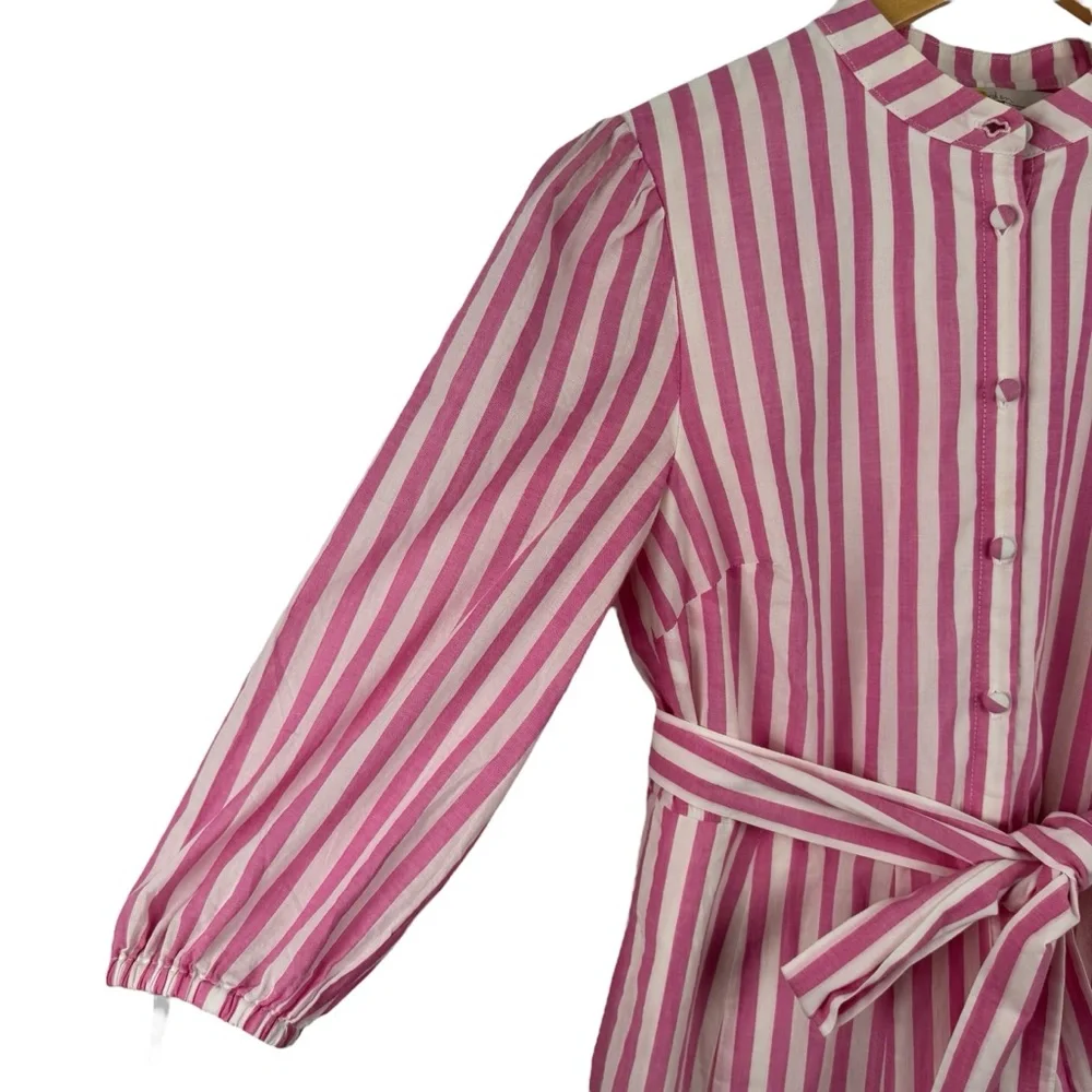 BODEN Puff Sleeve Cotton Pink White Striped Dress Button Down Ruffle Hem SZ 2 - Picture 5 of 16